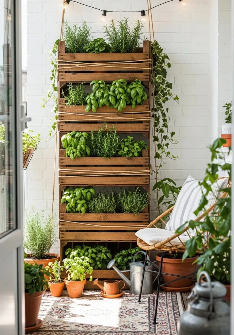 herb garden wall using recycled wooden crates 1