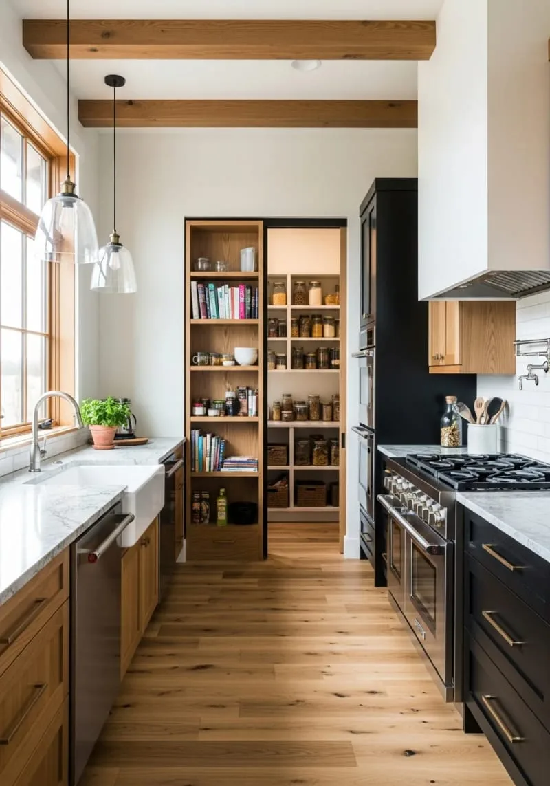 29 Unique Barndominium Interiors For Your Next Makeover 68 hidden pantry behind a faux bookcase door in the kitchen 1