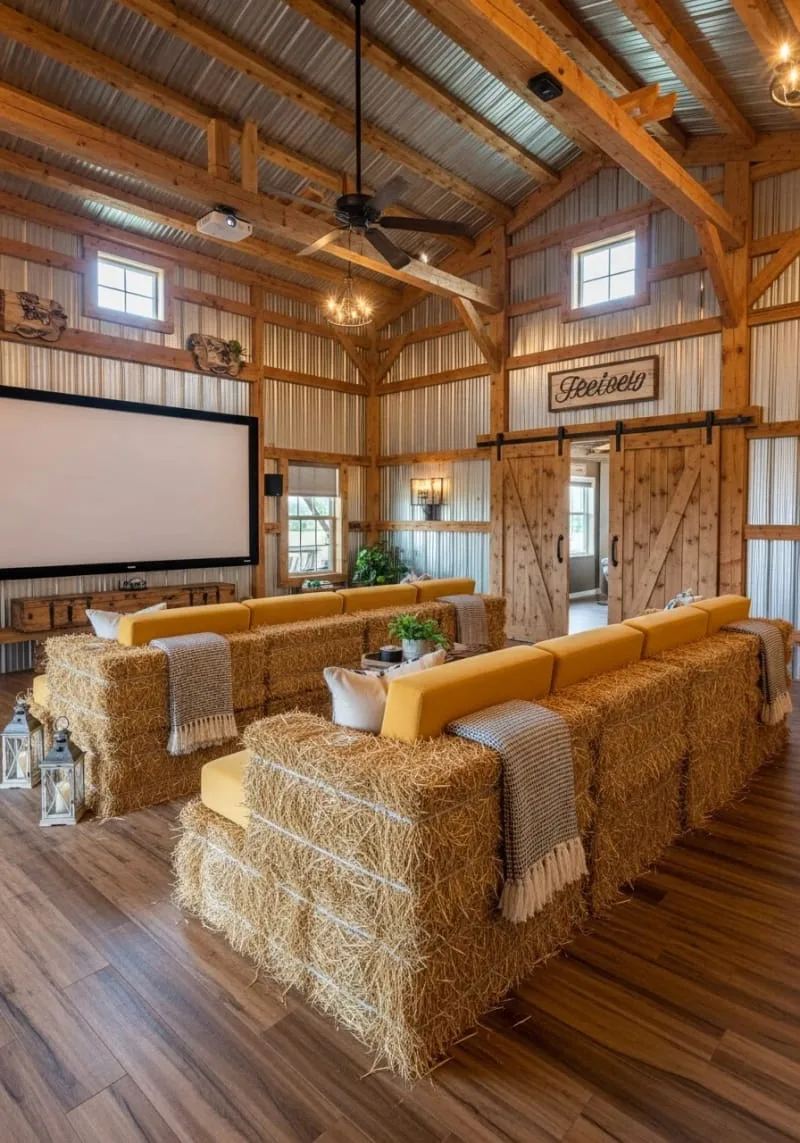 29 Unique Barndominium Interiors For Your Next Makeover 83 home theater with hay bale-inspired modular seating 1