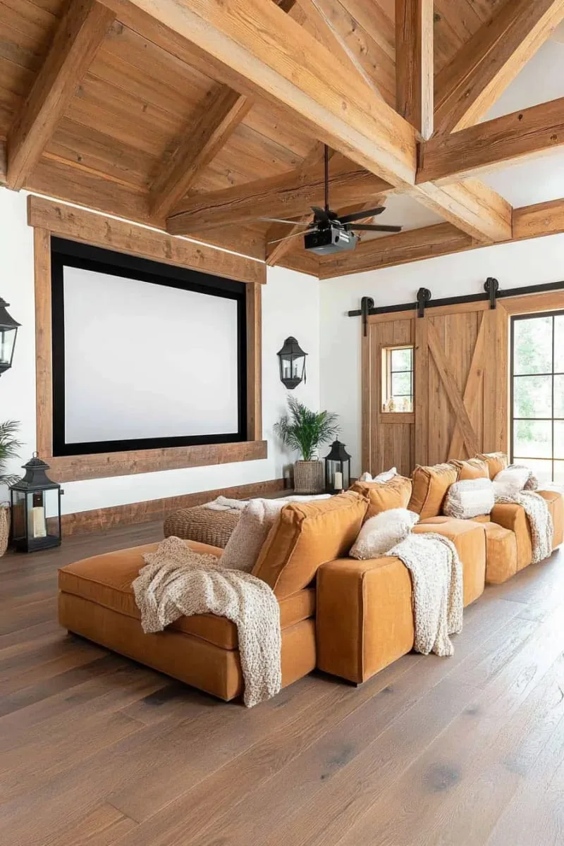 29 Unique Barndominium Interiors For Your Next Makeover 84 home theater with hay bale-inspired modular seating 1