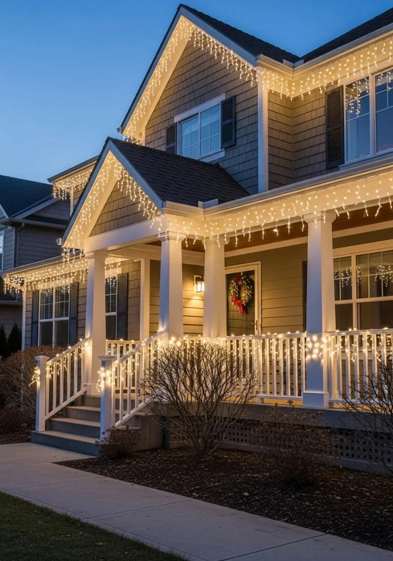 icicle string lights draping from rooflines and porch eaves 1