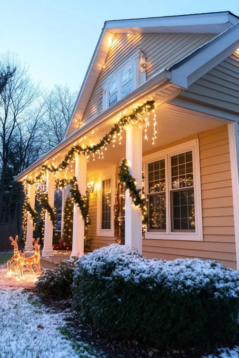 icicle string lights draping from rooflines and porch eaves 1