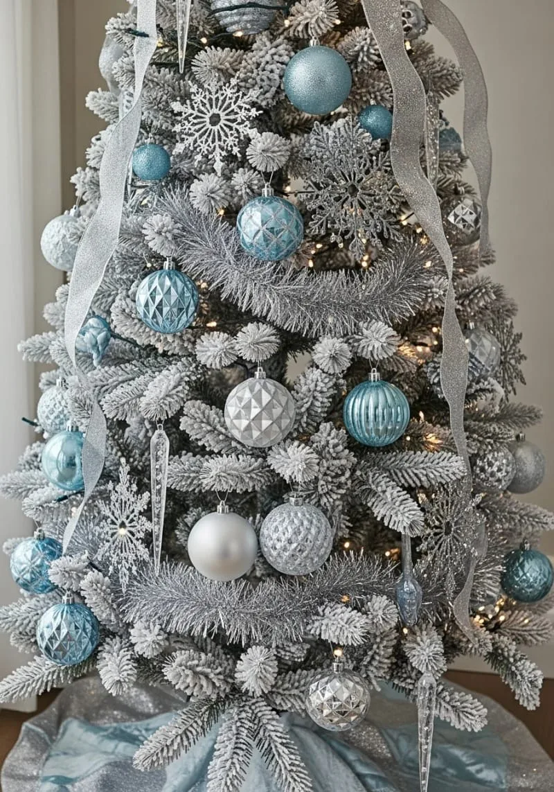 31 Dreamy Christmas Tree Decorations for a Unique Festive Touch 13 icy blue and silver baubles with flocked branches for a winter wonderland look 1