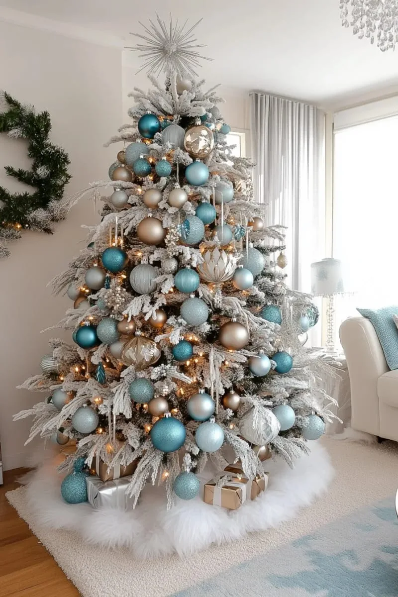 31 Dreamy Christmas Tree Decorations for a Unique Festive Touch 14 icy blue and silver baubles with flocked branches for a winter wonderland look 1