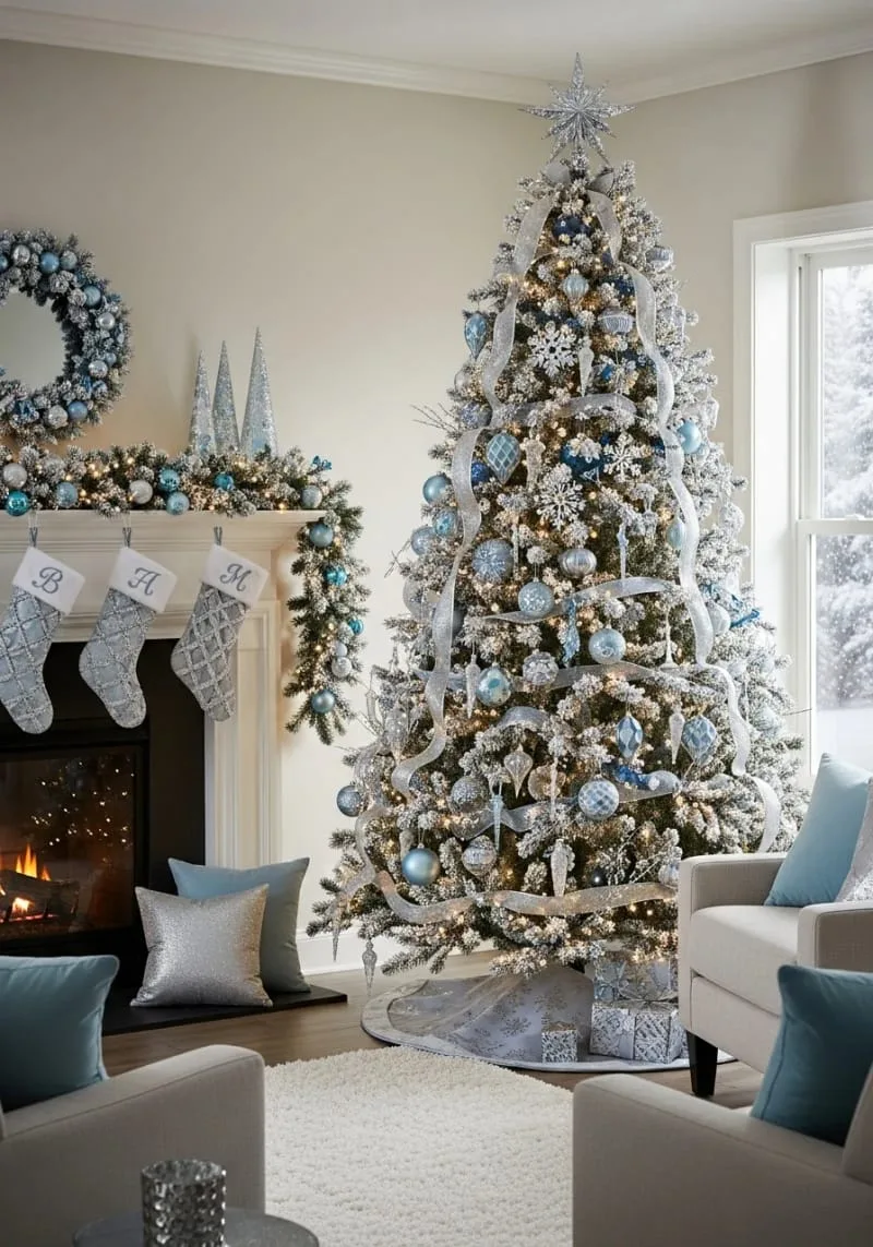 31 Dreamy Christmas Tree Decorations for a Unique Festive Touch 15 icy blue and silver baubles with flocked branches for a winter wonderland look 1