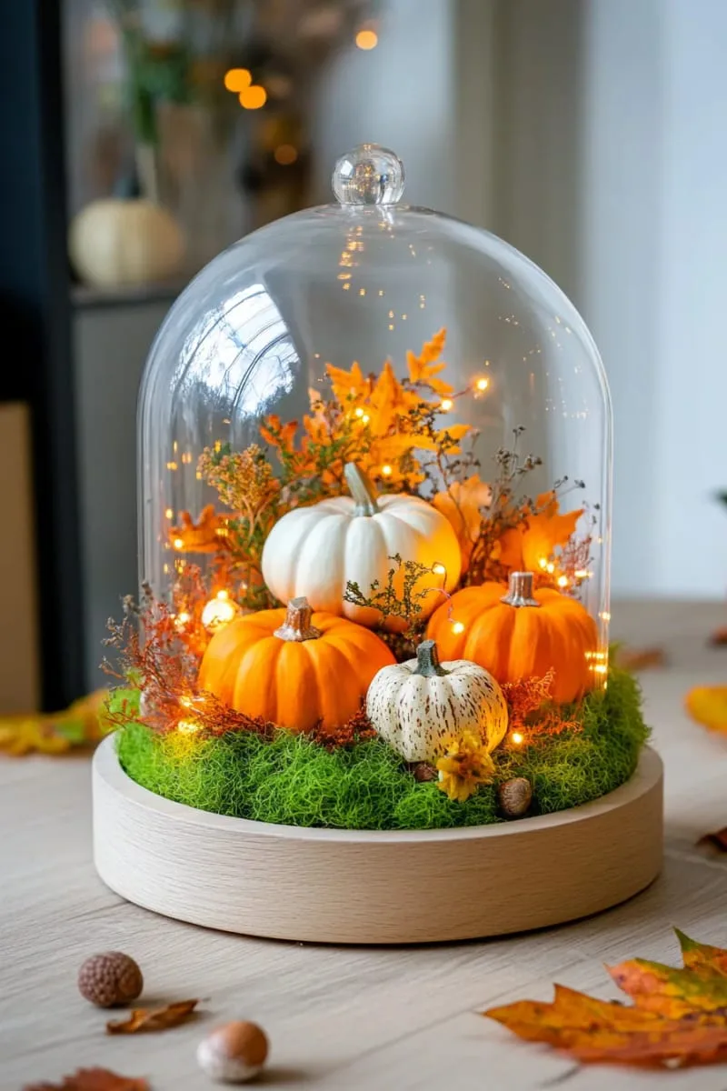 illuminated glass cloche with tiny faux pumpkins and moss 1