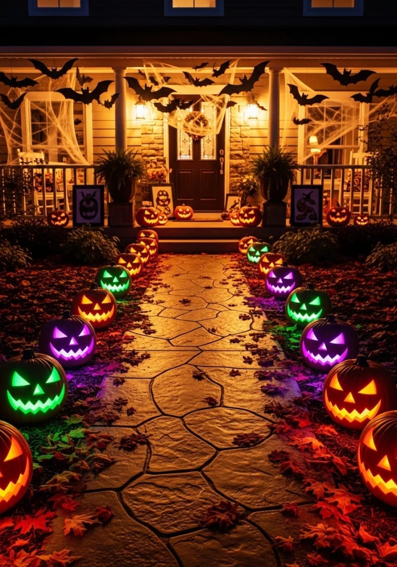 illuminated jack-o’-lantern pathway using color-changing led candles 1