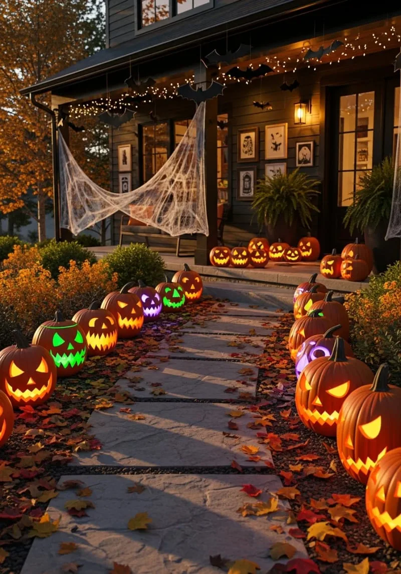 illuminated jack-o’-lantern pathway using color-changing led candles 1
