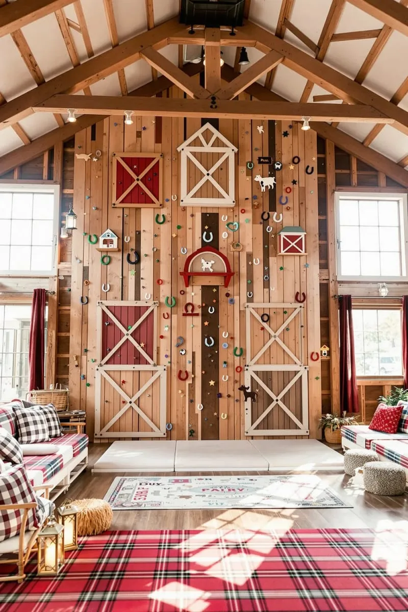29 Unique Barndominium Interiors For Your Next Makeover 72 indoor climbing wall for kids with barn-inspired holds 1
