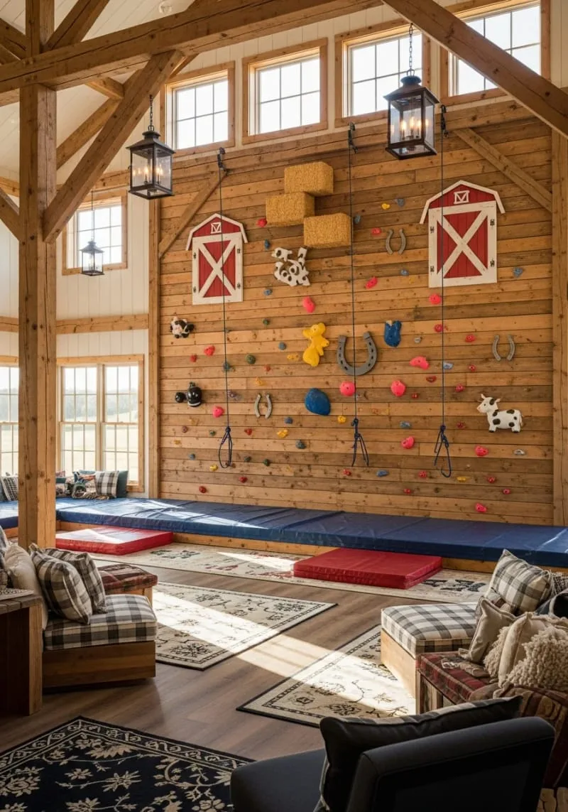 29 Unique Barndominium Interiors For Your Next Makeover 73 indoor climbing wall for kids with barn-inspired holds 1