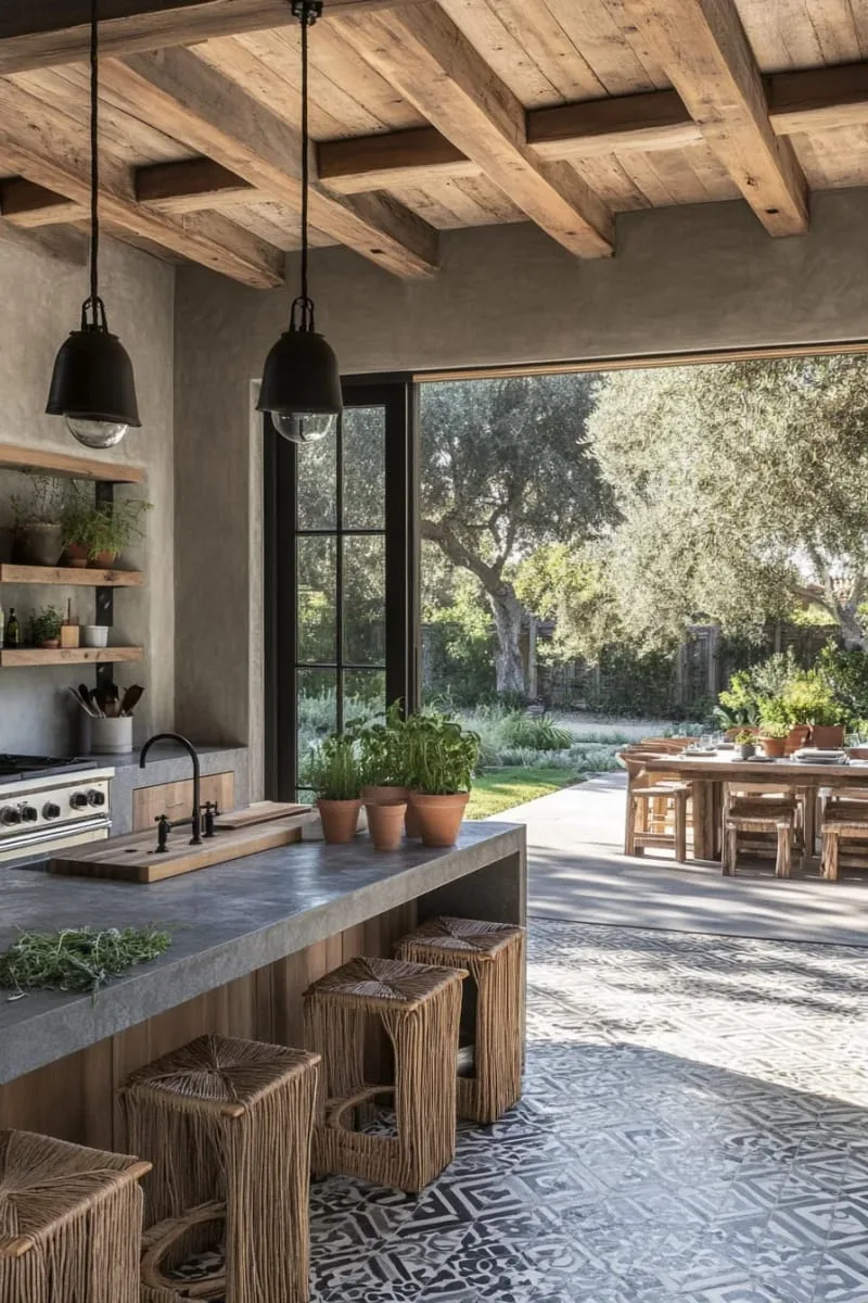 29 Unique Barndominium Interiors For Your Next Makeover 20 indoor-outdoor kitchen with sliding glass walls and rustic stone counters 1