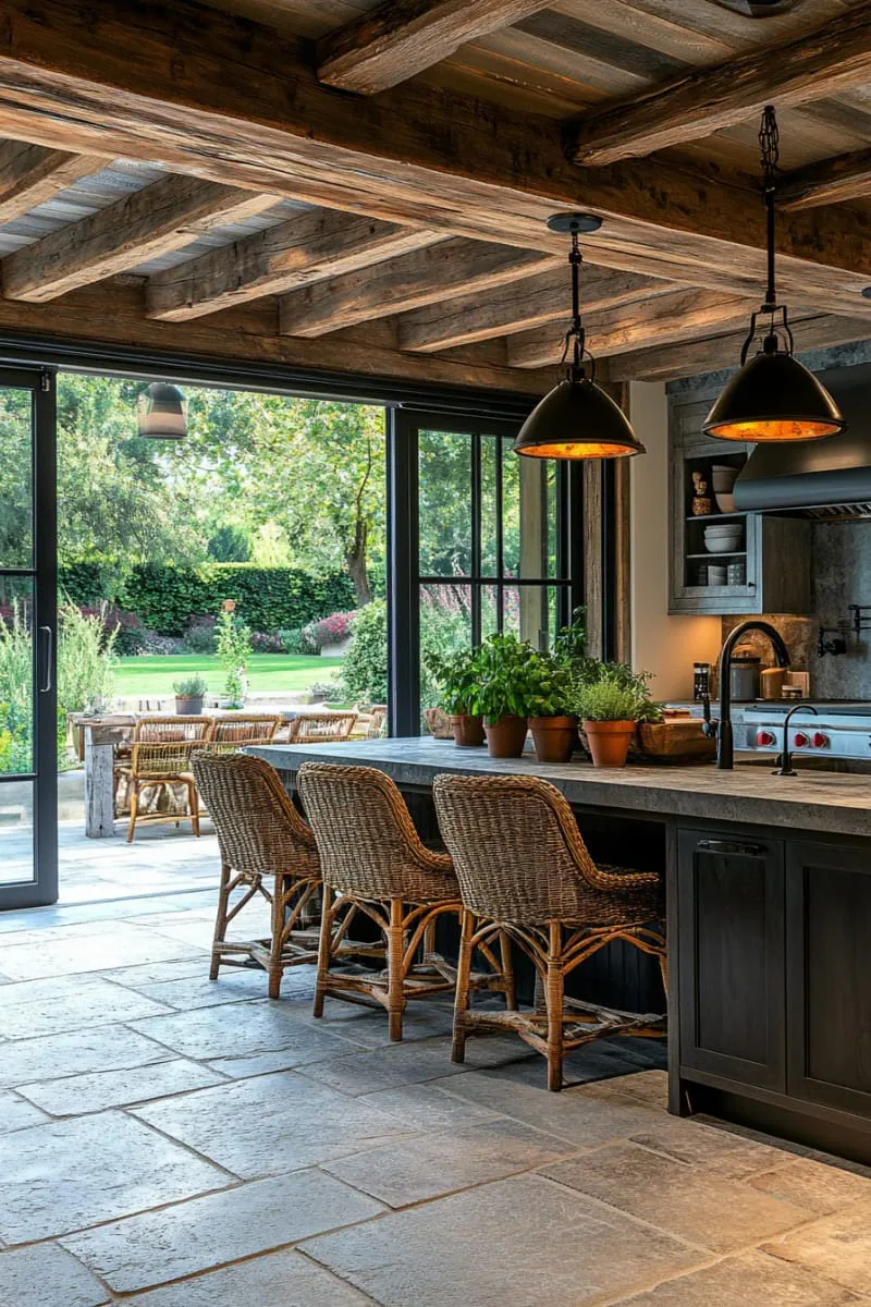 29 Unique Barndominium Interiors For Your Next Makeover 22 indoor-outdoor kitchen with sliding glass walls and rustic stone counters 1