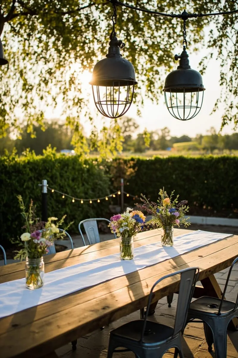 industrial cage pendant lights above farmhouse picnic table 1