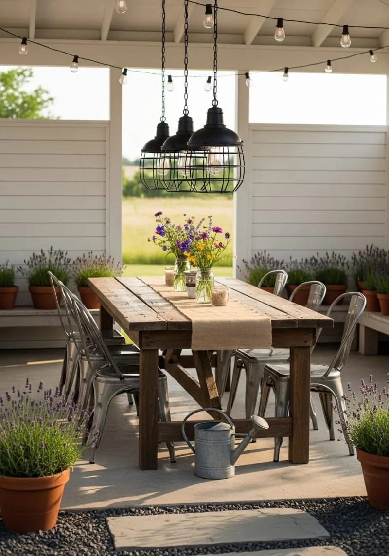 industrial cage pendant lights above farmhouse picnic table 1