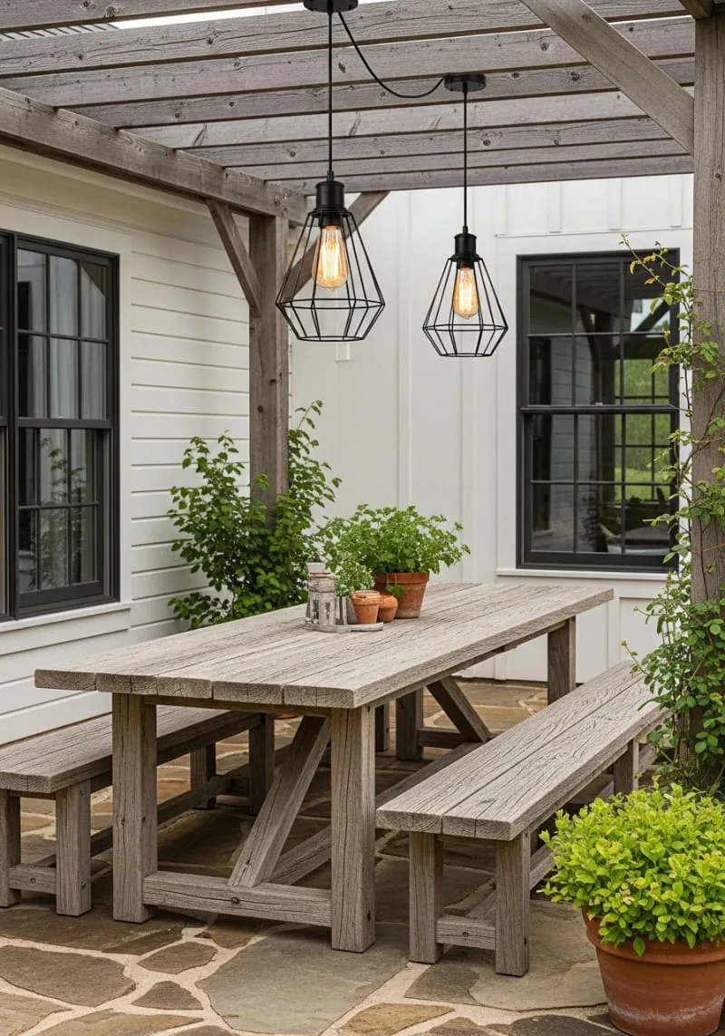 industrial cage pendant lights above farmhouse picnic table 1
