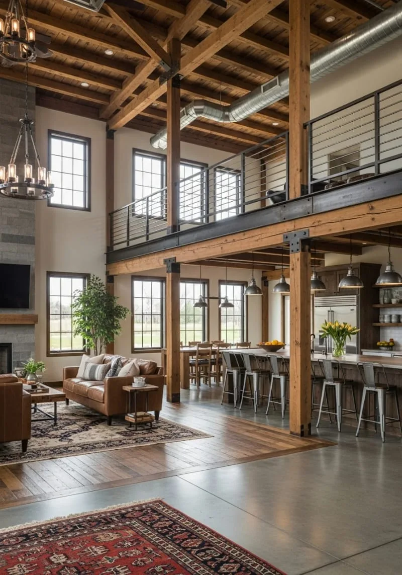 29 Unique Barndominium Interiors For Your Next Makeover 3 industrial farmhouse loft with exposed beams and weathered steel accents 1