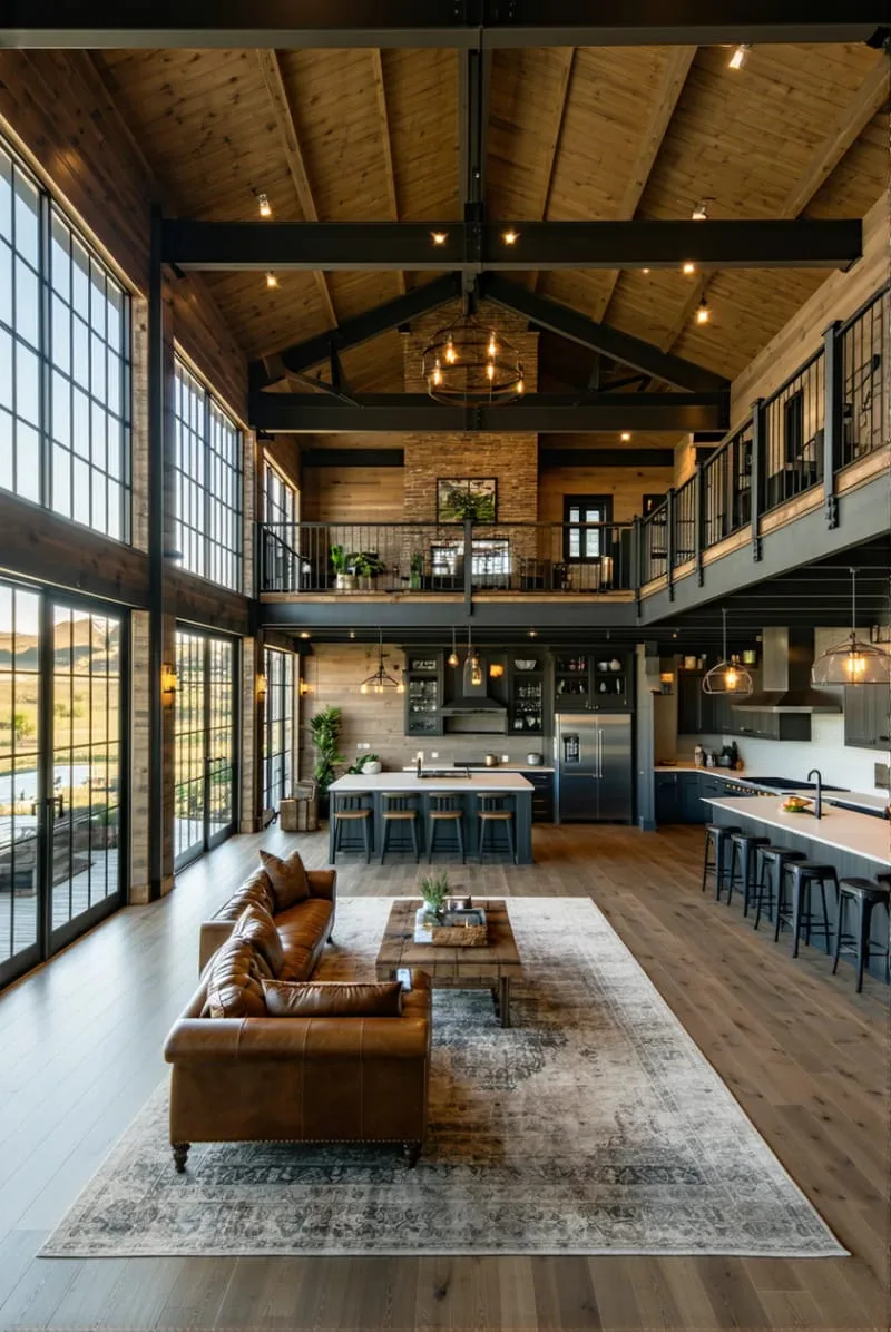29 Unique Barndominium Interiors For Your Next Makeover 4 industrial farmhouse loft with exposed beams and weathered steel accents 1