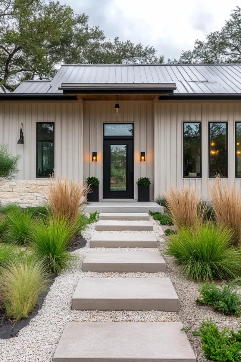 industrial modern look with corrugated metal siding and concrete steps 1