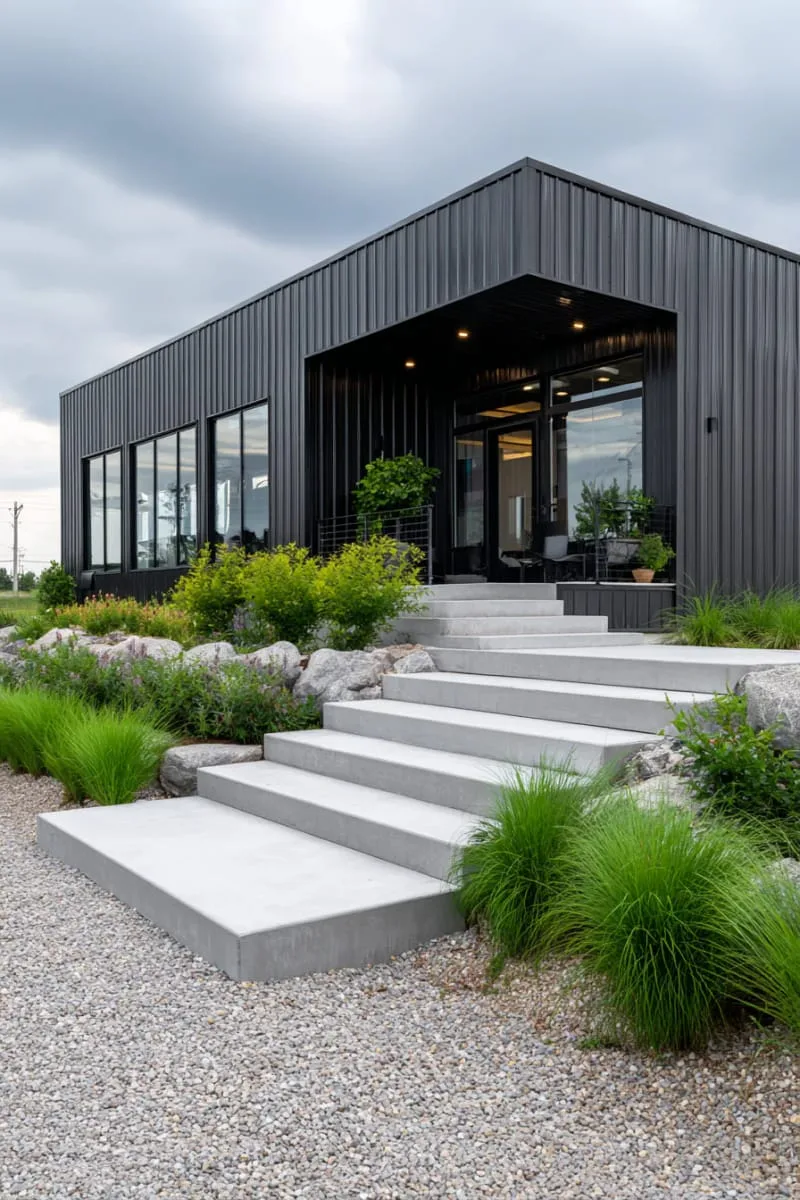 industrial modern look with corrugated metal siding and concrete steps 1