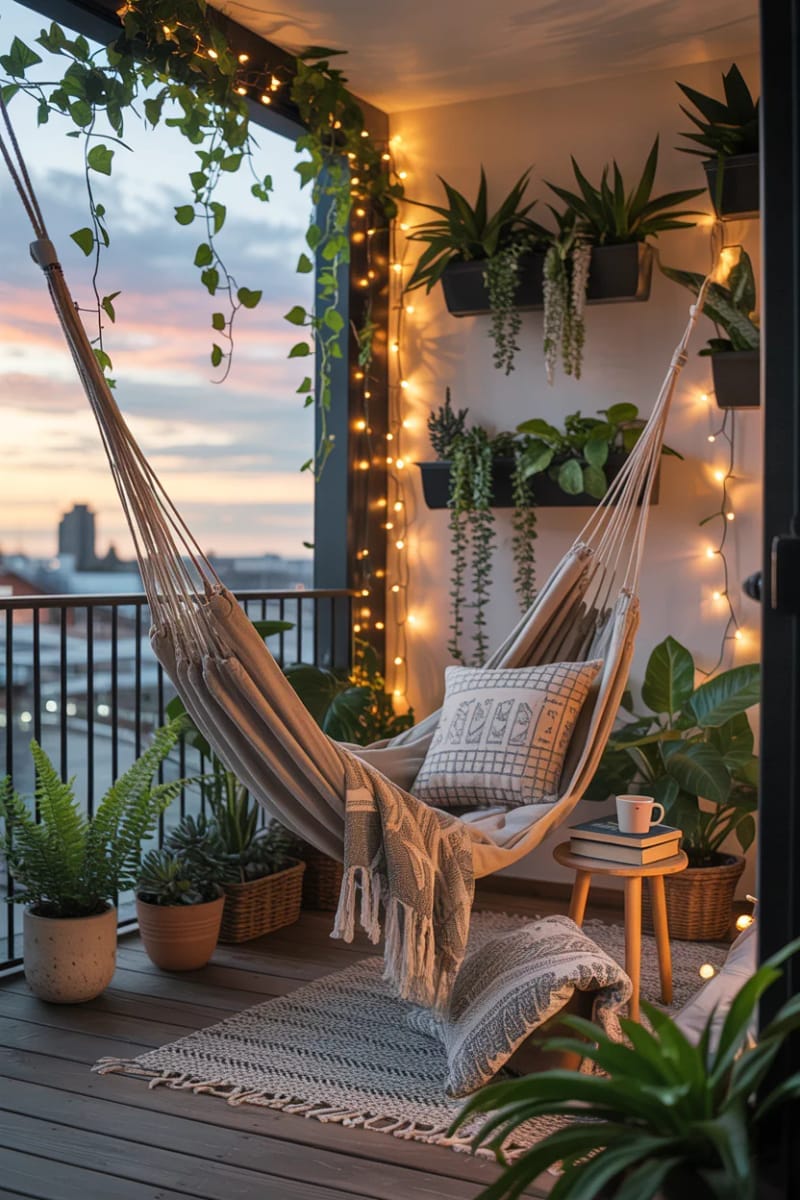 install a hammock surrounded by trailing balcony plants and fairy lights 1