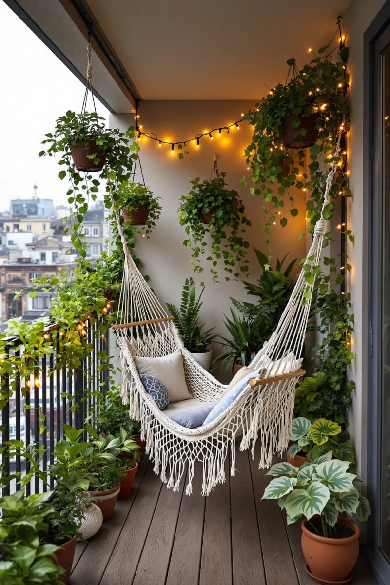 install a hammock surrounded by trailing balcony plants and fairy lights 1