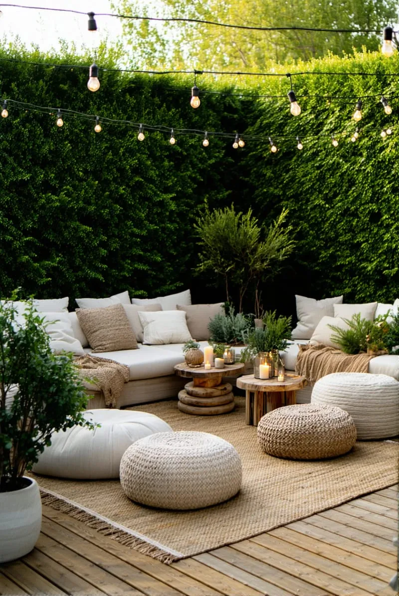 intimate lounge with soft outdoor rugs and pouf ottomans 1