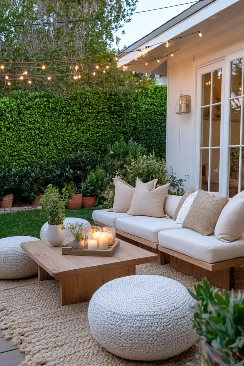 intimate lounge with soft outdoor rugs and pouf ottomans 1