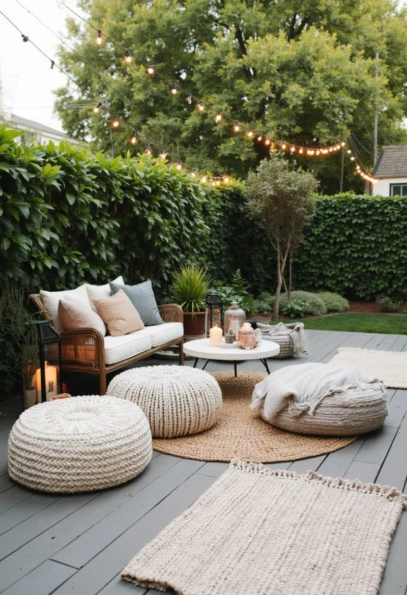 intimate lounge with soft outdoor rugs and pouf ottomans 1