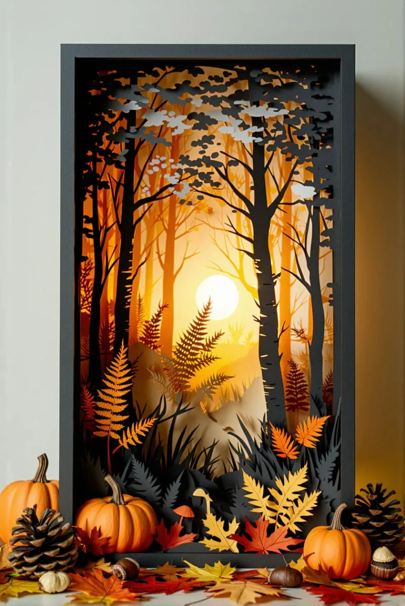 intricate paper cutout shadow box scenes of fall forests 1