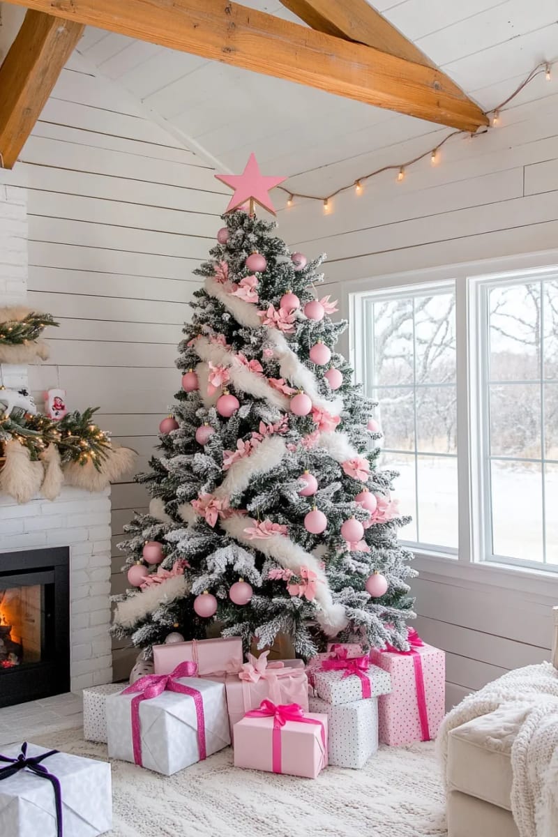31 Elegant Christmas Decorations: Ideas to Try This Season 5 jet black christmas tree adorned with blush pink ornaments and gifts 1
