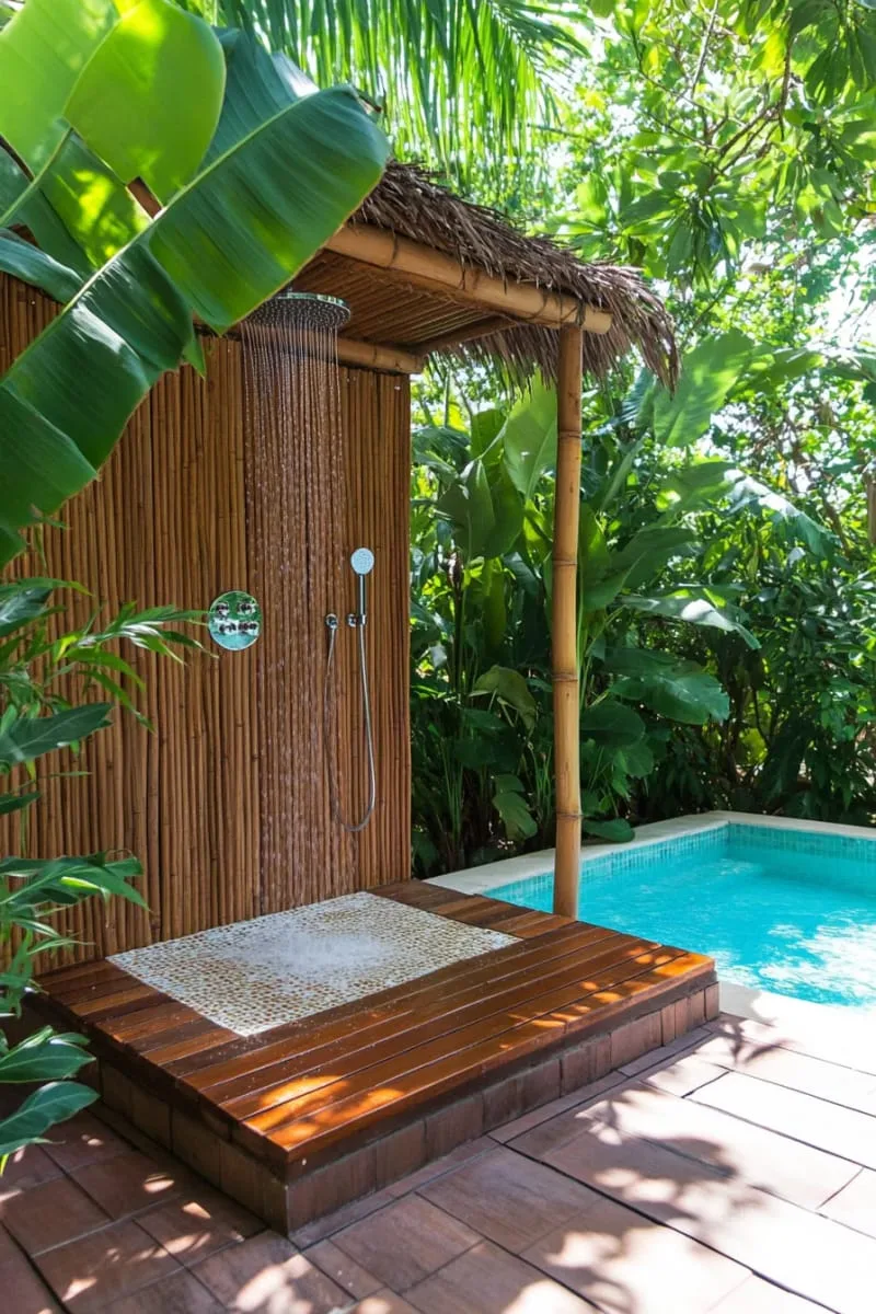 jungle-style bamboo shower with oversized tropical leaves and wooden platform 1