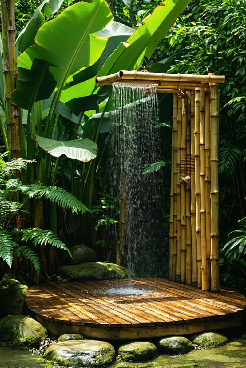 jungle-style bamboo shower with oversized tropical leaves and wooden platform 1