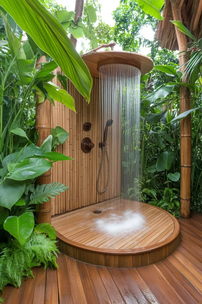 jungle-style bamboo shower with oversized tropical leaves and wooden platform 1