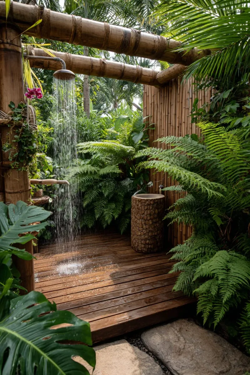 jungle-style bamboo shower with oversized tropical leaves and wooden platform 1