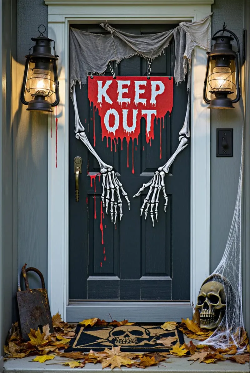 21 Creative Halloween Door Decorations: Ideas for a Festive Welcome 34 “keep out” warning sign with bony hands and torn fabric 1