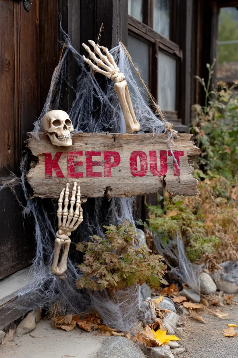 21 Creative Halloween Door Decorations: Ideas for a Festive Welcome 37 “keep out” warning sign with bony hands and torn fabric 1