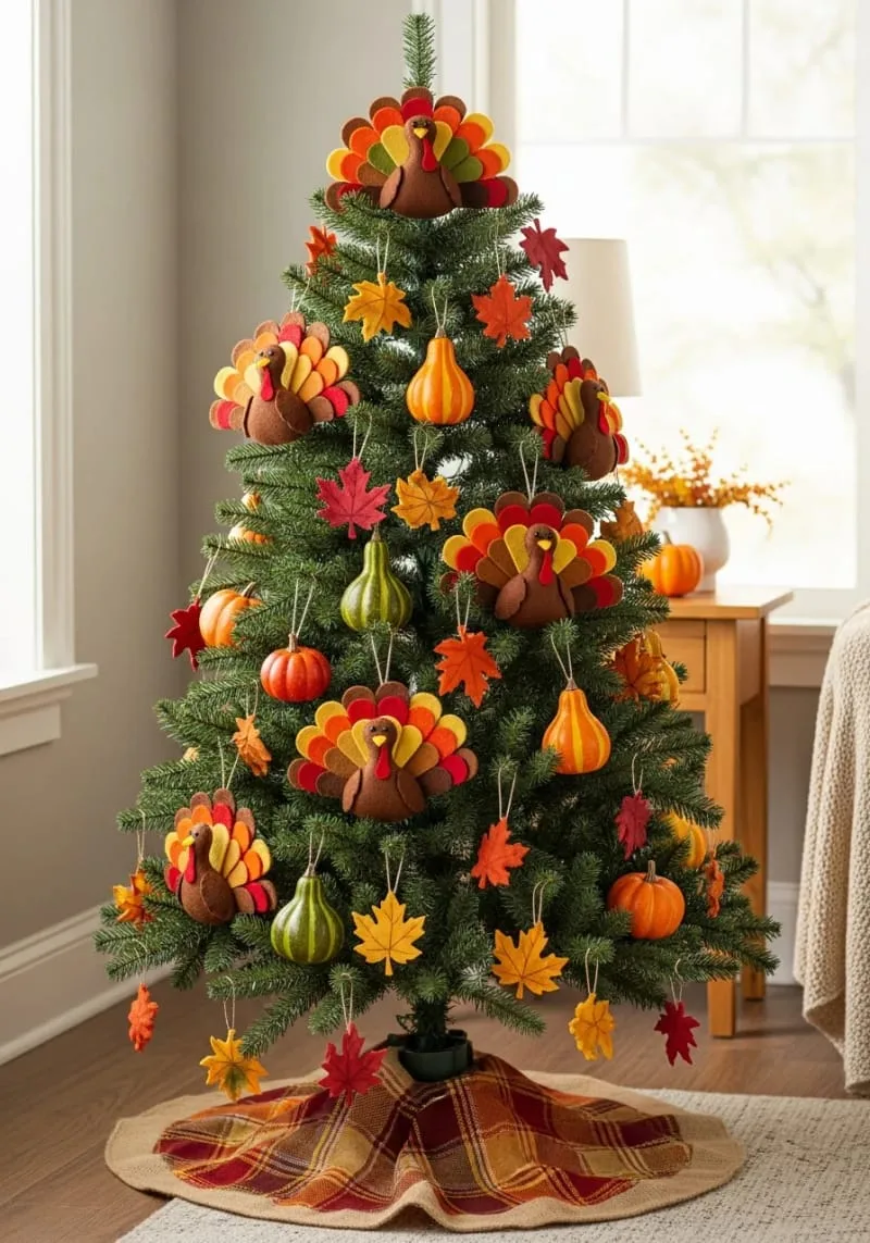 kids’ tree featuring felt turkeys, mini gourds, and leaf cutouts 1