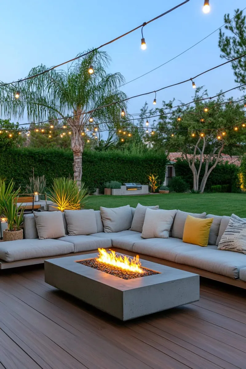 l-shaped modular sofas around a glowing fire table 1