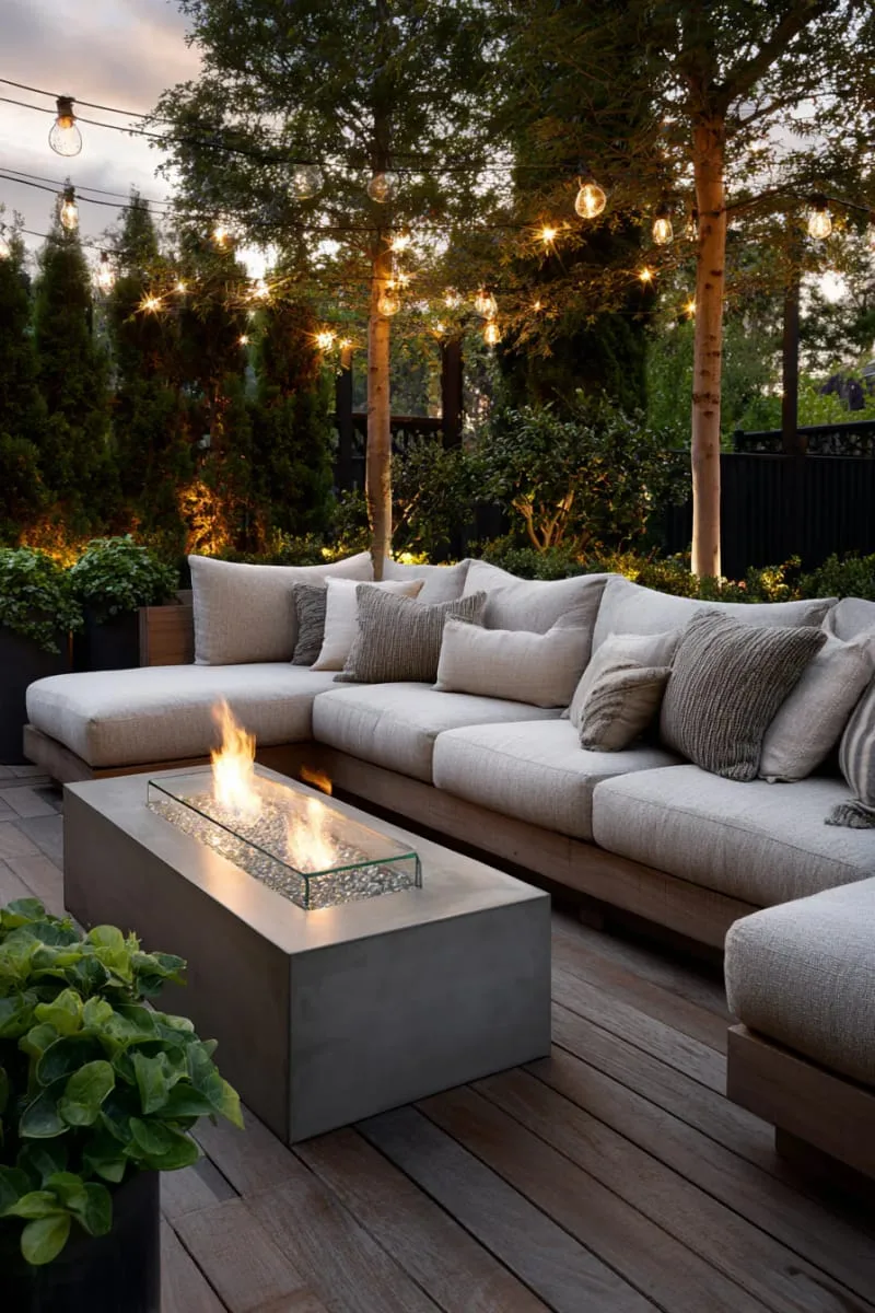 l-shaped modular sofas around a glowing fire table 1