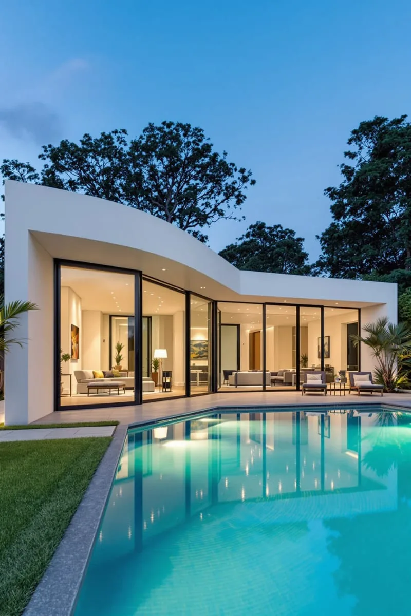 l-shaped pool wrapping around a modern pool house with big windows 1