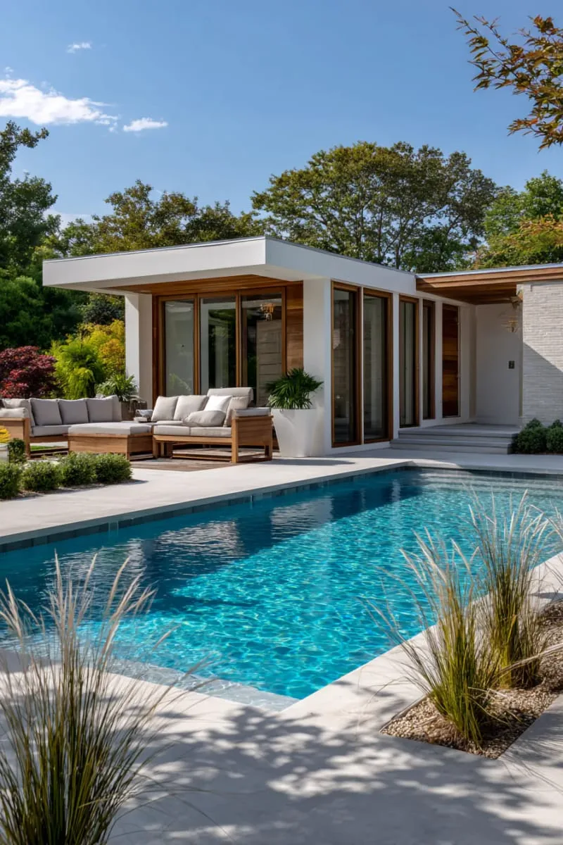 l-shaped pool wrapping around a modern pool house with big windows 1