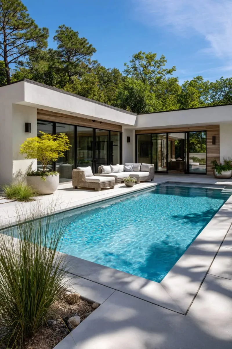 l-shaped pool wrapping around a modern pool house with big windows 1
