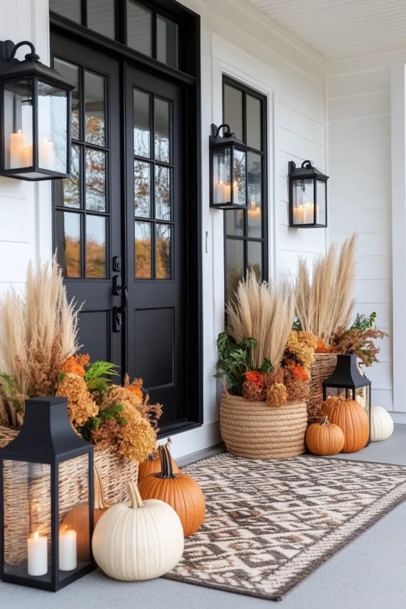 lanterns filled with fairy lights and autumn florals for porch decor 1