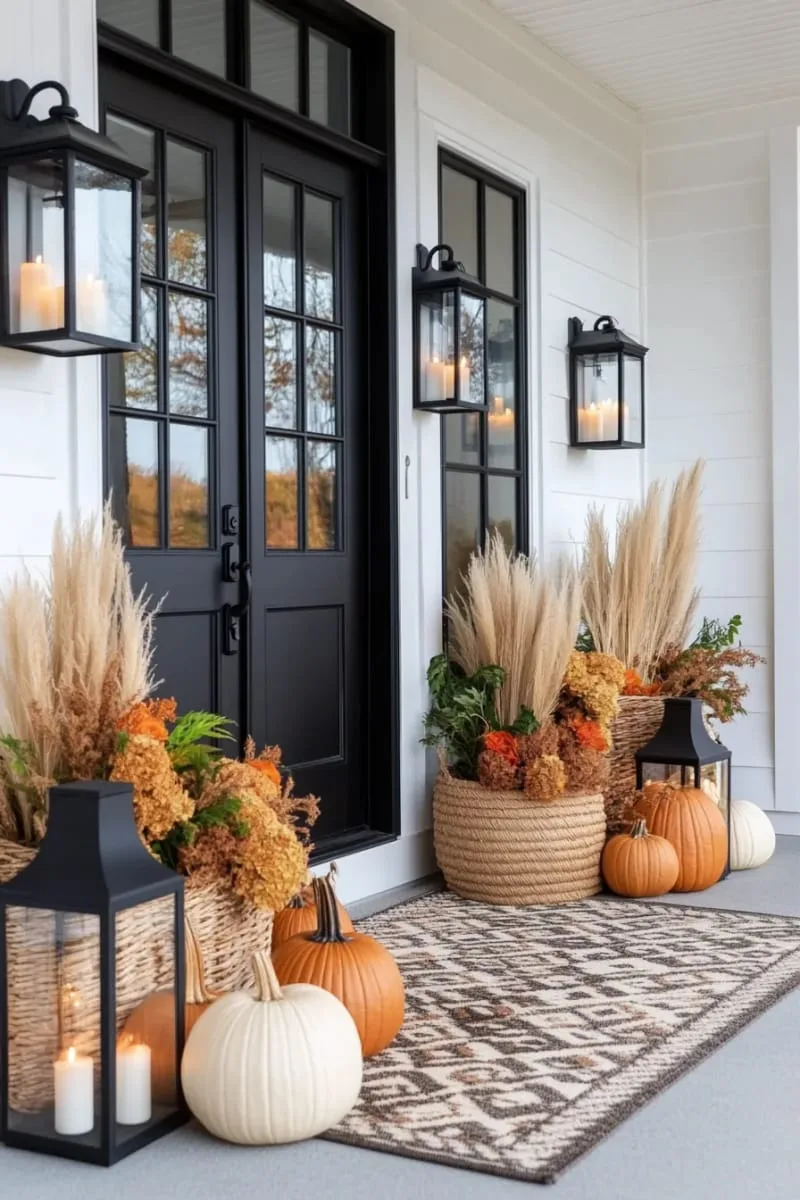 lanterns filled with fairy lights and autumn florals for porch decor 1