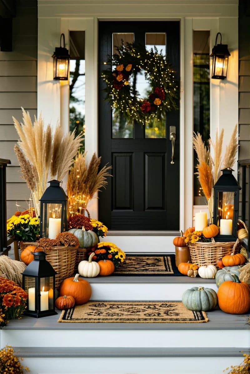lanterns filled with fairy lights and autumn florals for porch decor 1