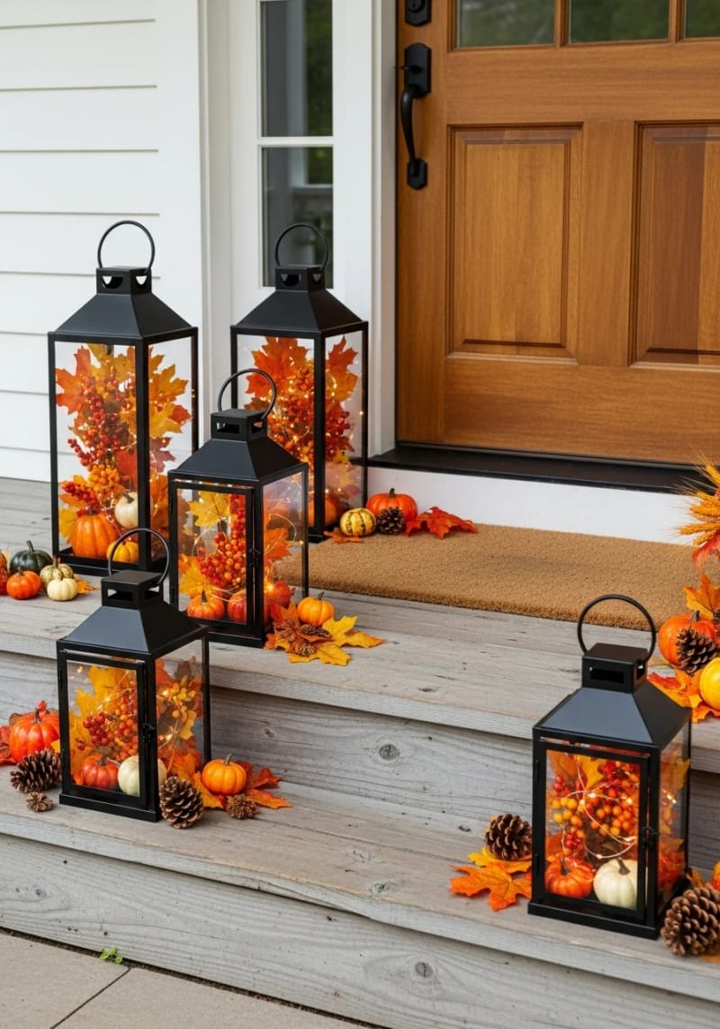 lanterns filled with fairy lights and autumn florals for porch decor 1
