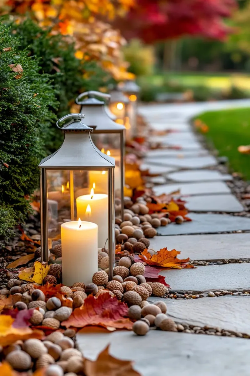 lanterns with pillar candles and acorn decor lining the walkway 1