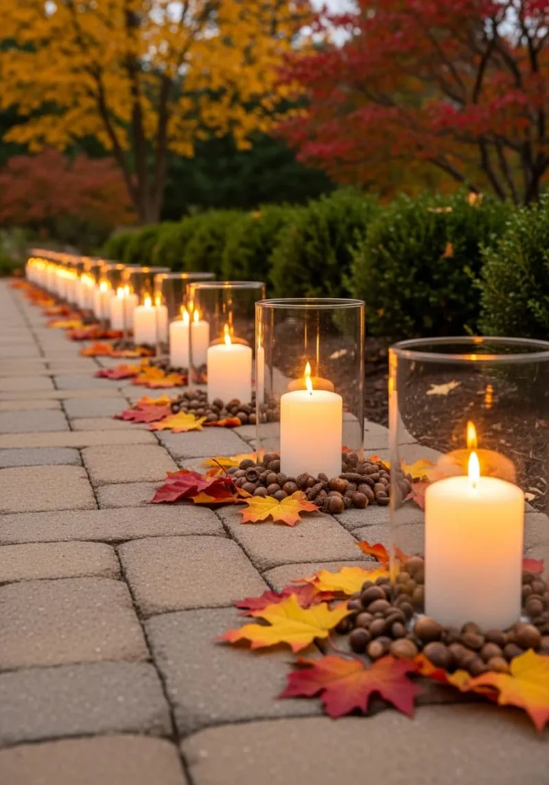 lanterns with pillar candles and acorn decor lining the walkway 1