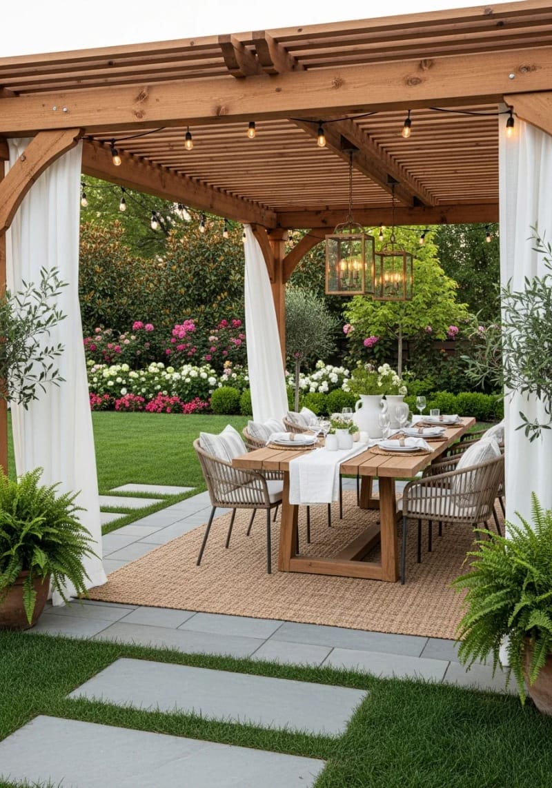 large backyard pergola with outdoor dining table for entertaining guests 1