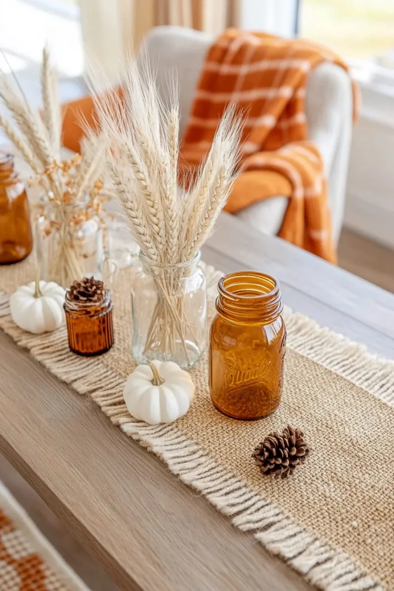 large mason jars filled with dried wheat and pampas grass 1